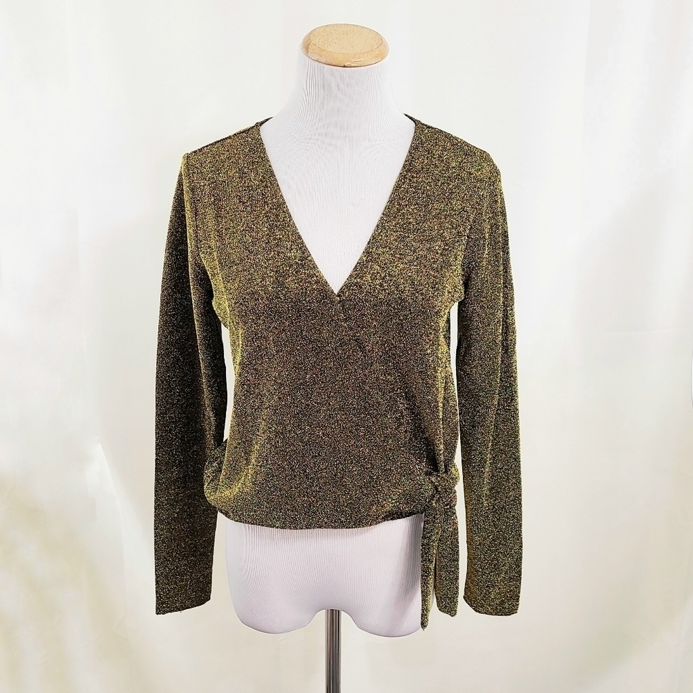 Michael Kors metallic gold surplice wrap sweater NEW